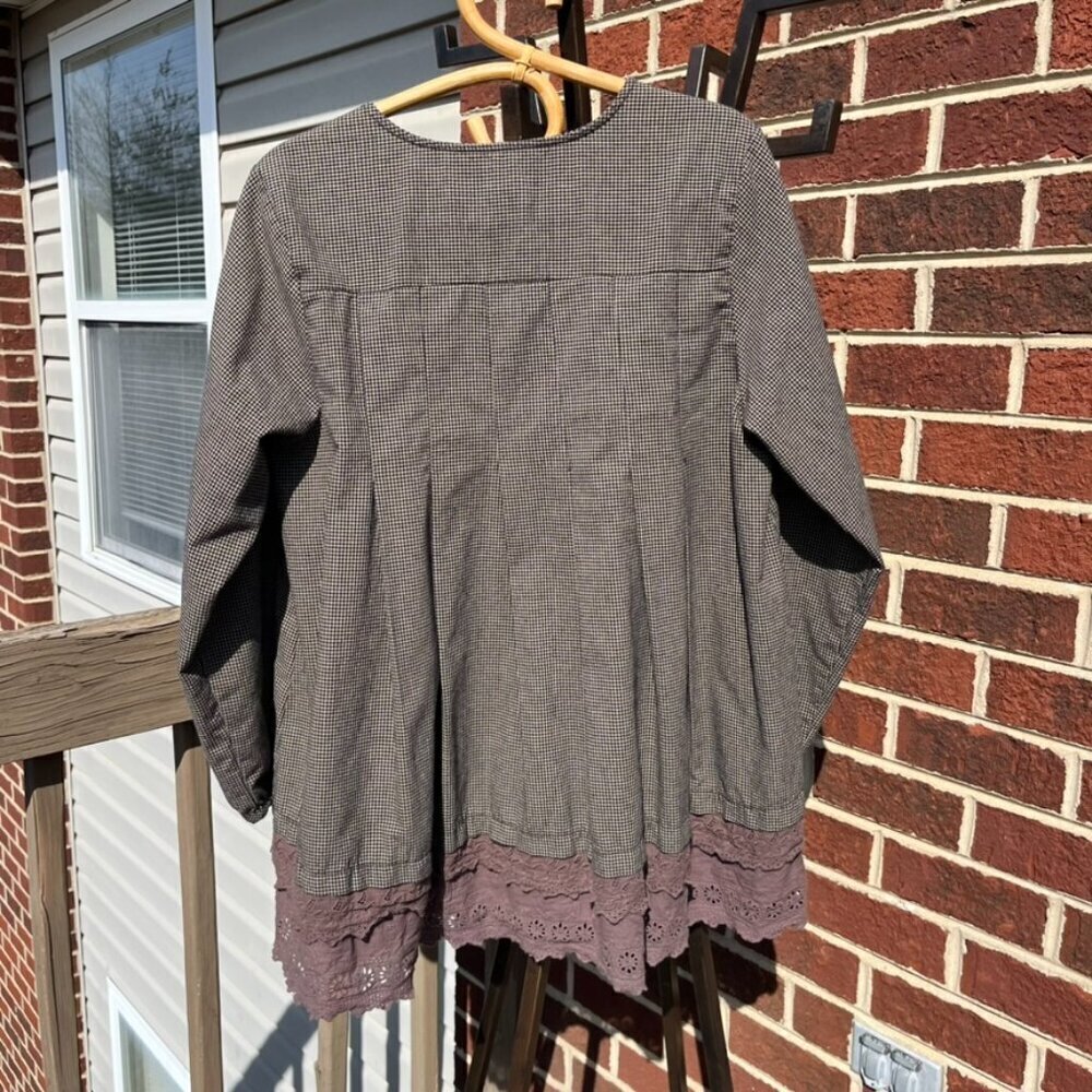 Brown Checkered Long Sleeve Blouse Lace Detailing 100% Cotton Women's 6 - Picture 2 of 6